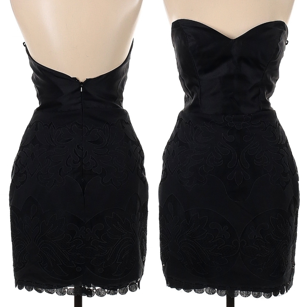 Size 10 - Noir By Lazaro Black Jacquard Embroidered Cocktail Strapless Dress